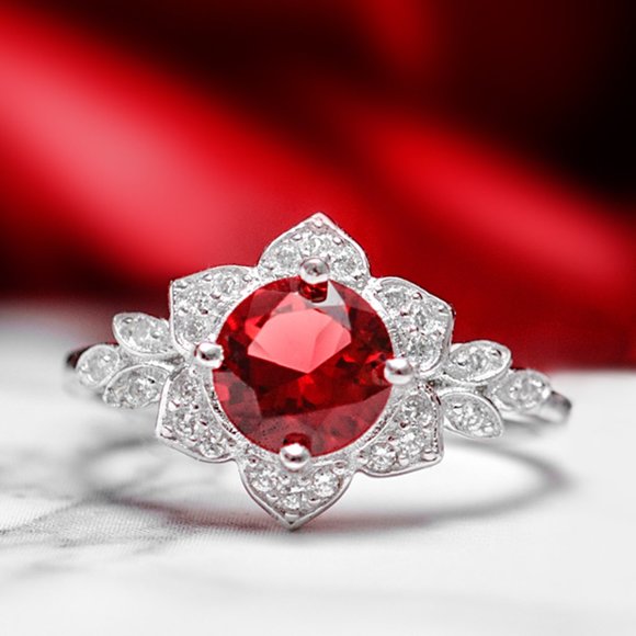 Red Ruby Gemstone Flower Ring, 925 Sterling Silver Charmed Aroma Valentines - Picture 6 of 7